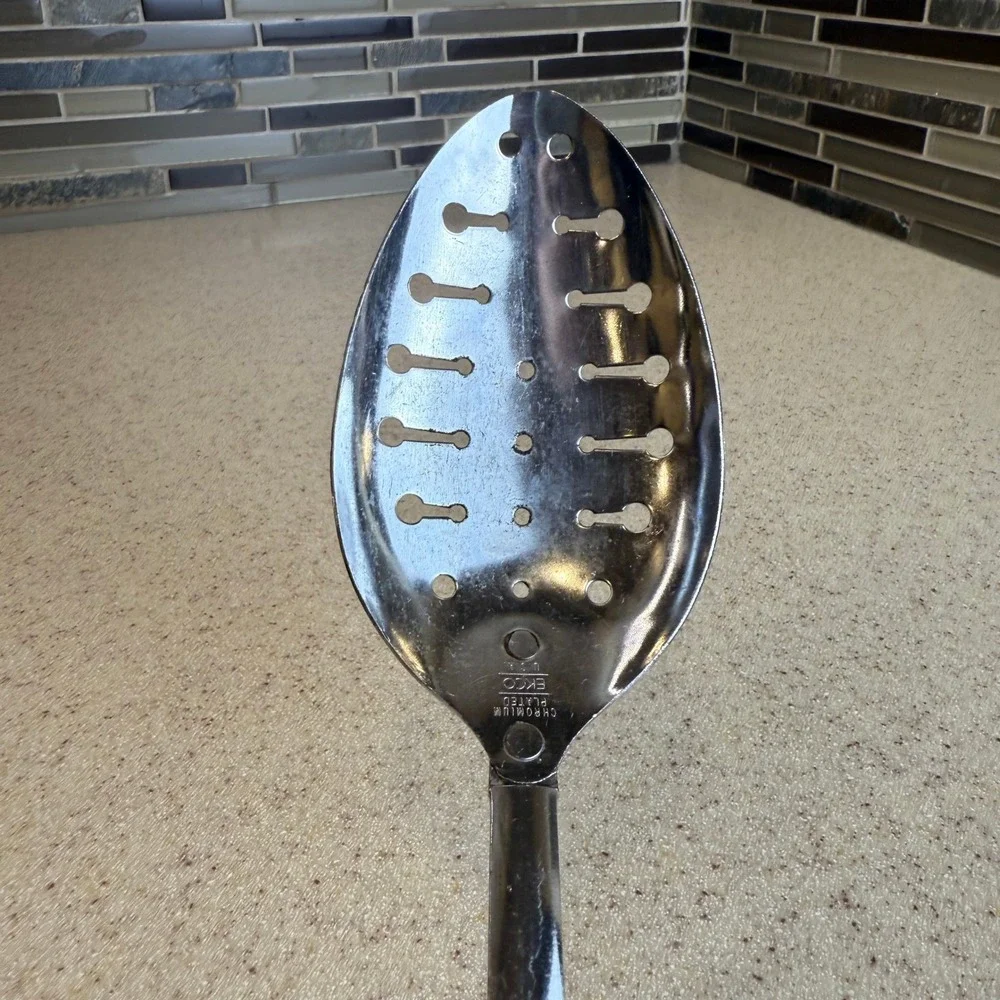 Vintage EKCO Slotted‎ Spoon Chromium Plated Black Handle USA Kitchen Utensil